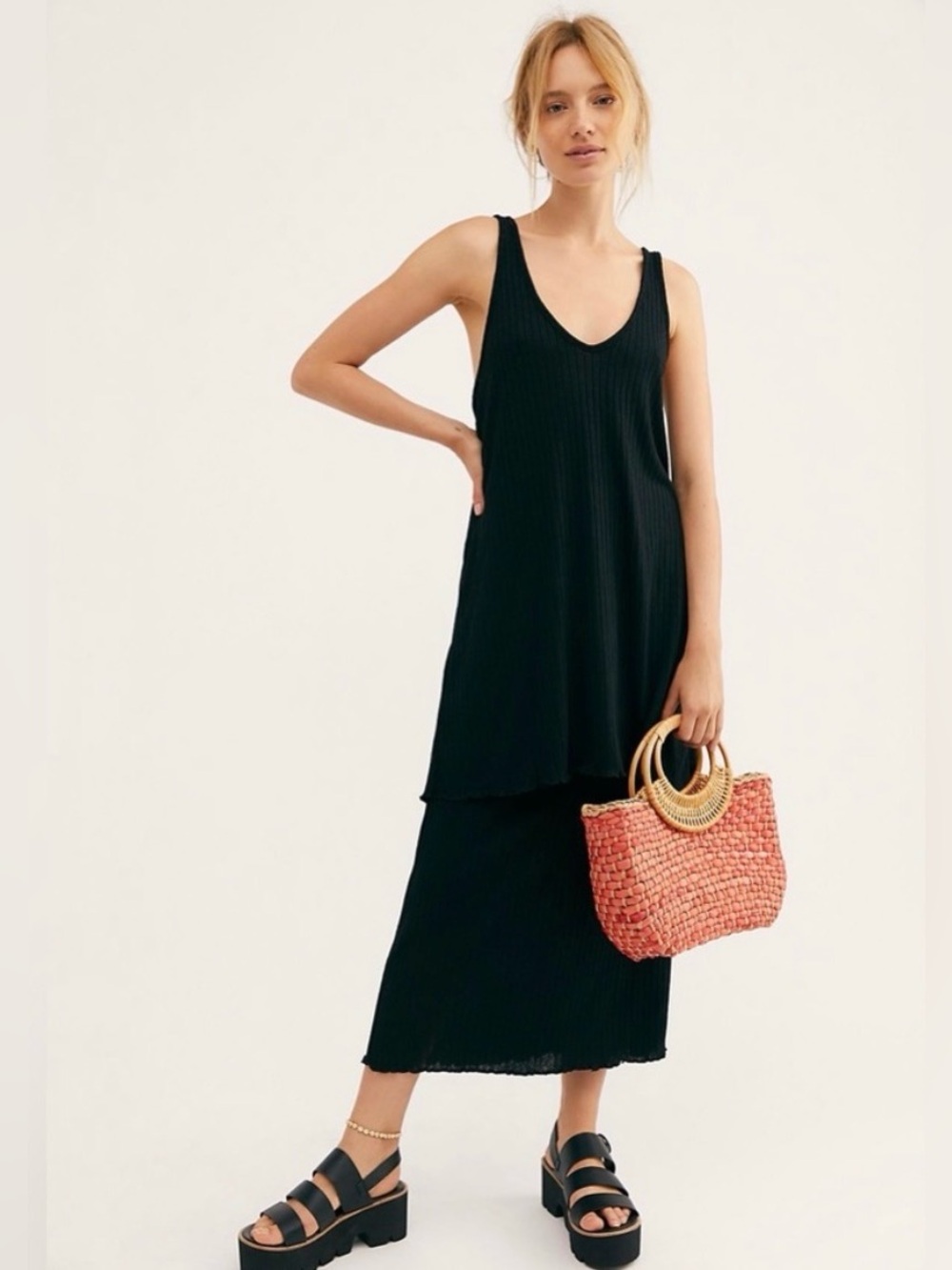 Free People Panama Black Ribbed Tank & Midi Skirt Sz XS